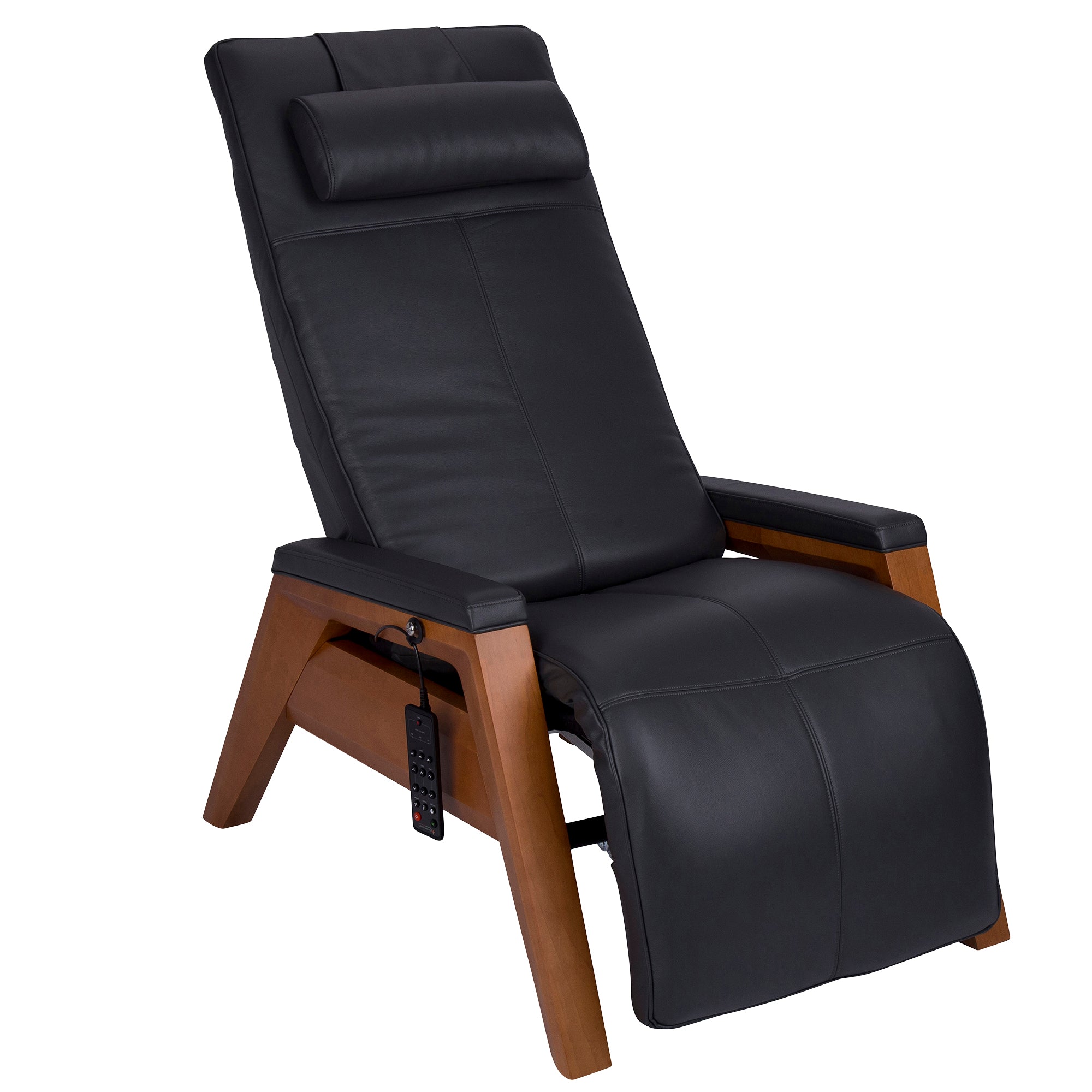 Gravis ZG Chair with black leather upholstery, wooden base, zero gravity reclining position and adjustable headrest