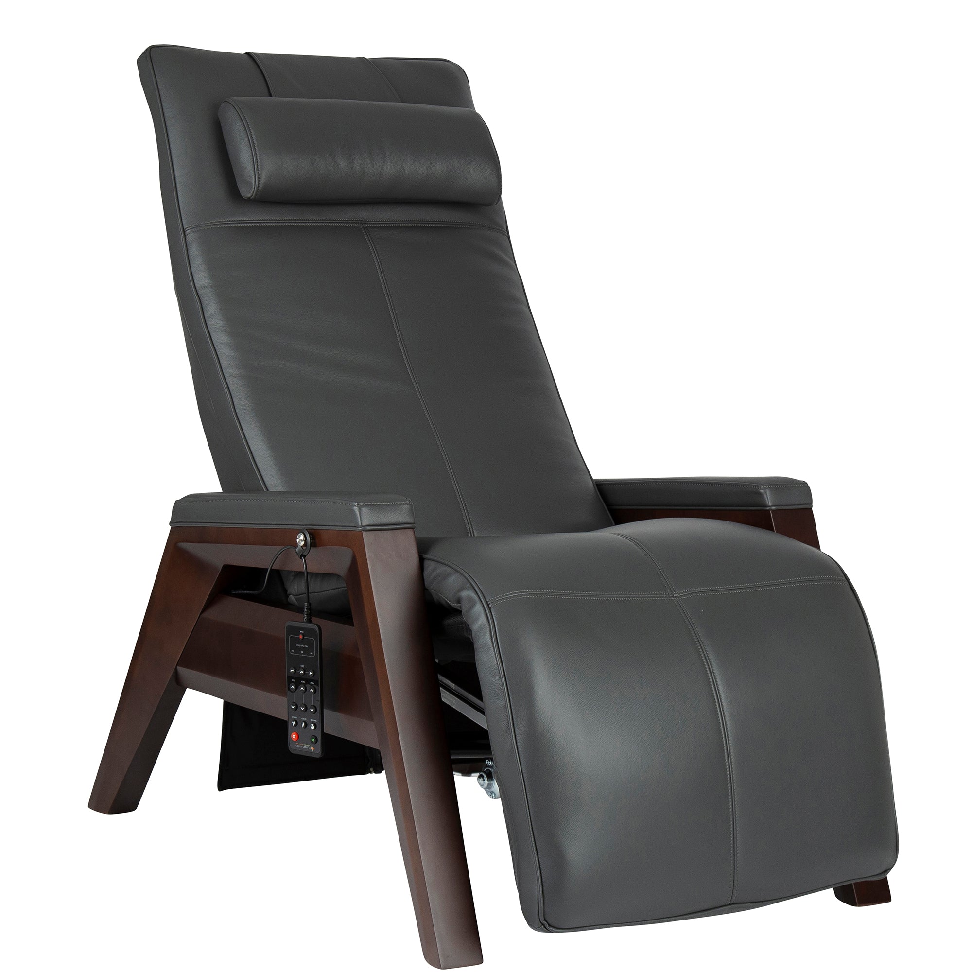 Gravis ZG Chair in gray leather with wooden base, featuring zero gravity recline and adjustable headrest