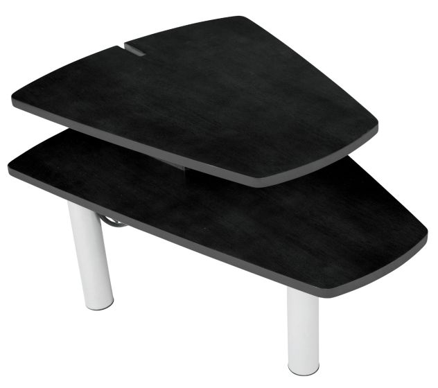 PC Media Table with two-tier black surfaces and white legs, perfect for storing devices and charging accessories