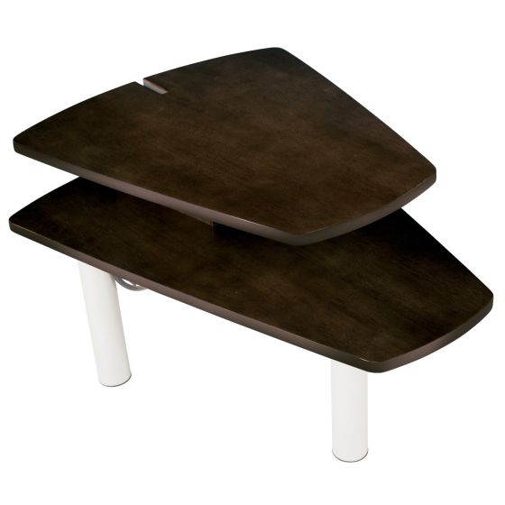 PC Media Table featuring two-tier dark wood surfaces with white legs, designed for perfect chair side storage and charging