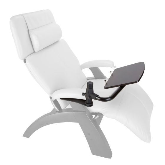 Perfect Chair Laptop Desk attachment shown on white recliner with adjustable black surface for ergonomic work positioning