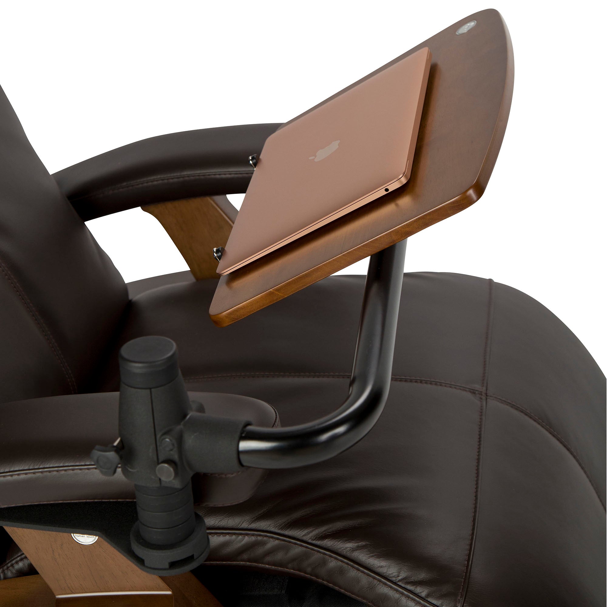 Perfect Chair Laptop Desk attachment shown on brown leather recliner with adjustable wooden platform for devices