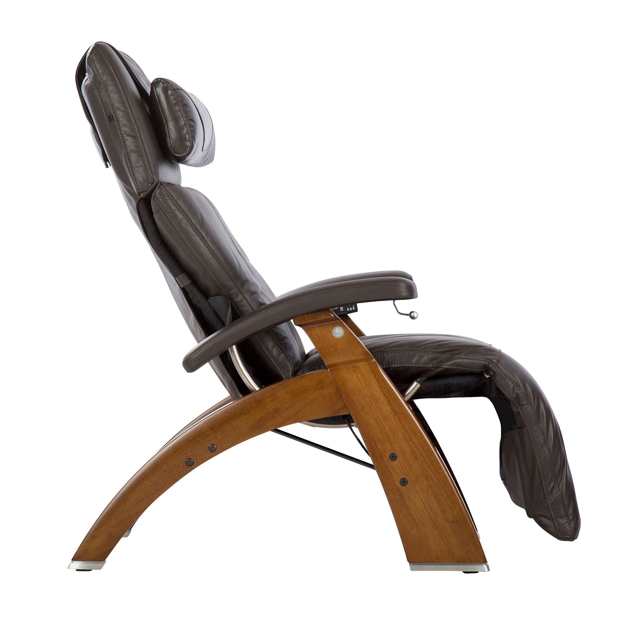 Perfect Chair PC-420 Classic Manual Plus recliner in dark upholstery with wooden base shown in side view reclined position