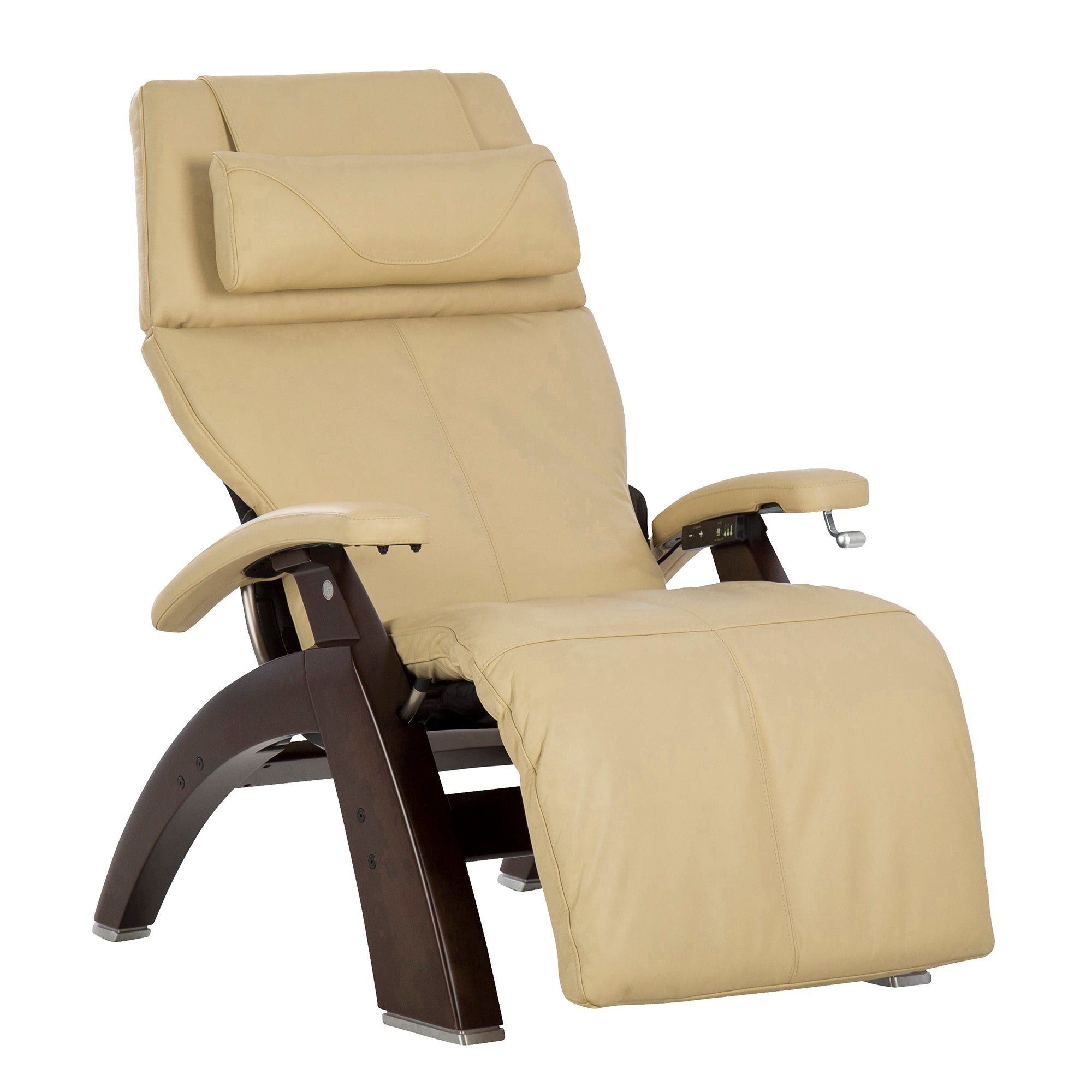 Perfect Chair PC-420 Classic Manual Plus recliner in beige leather with dark wood base, shown in full recline position