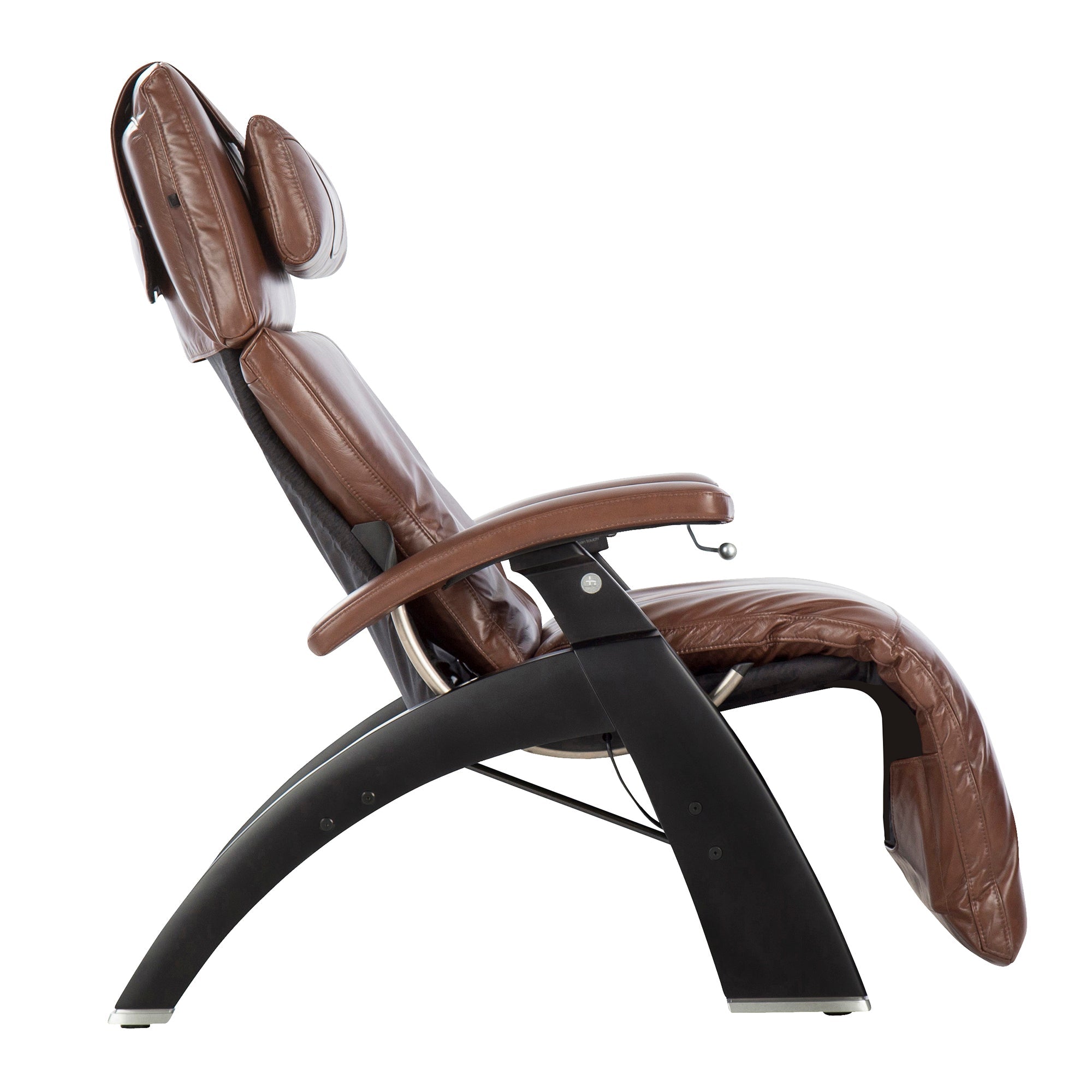 Perfect Chair PC-420 Classic Manual Plus recliner in brown leather with curved black base, shown in side profile