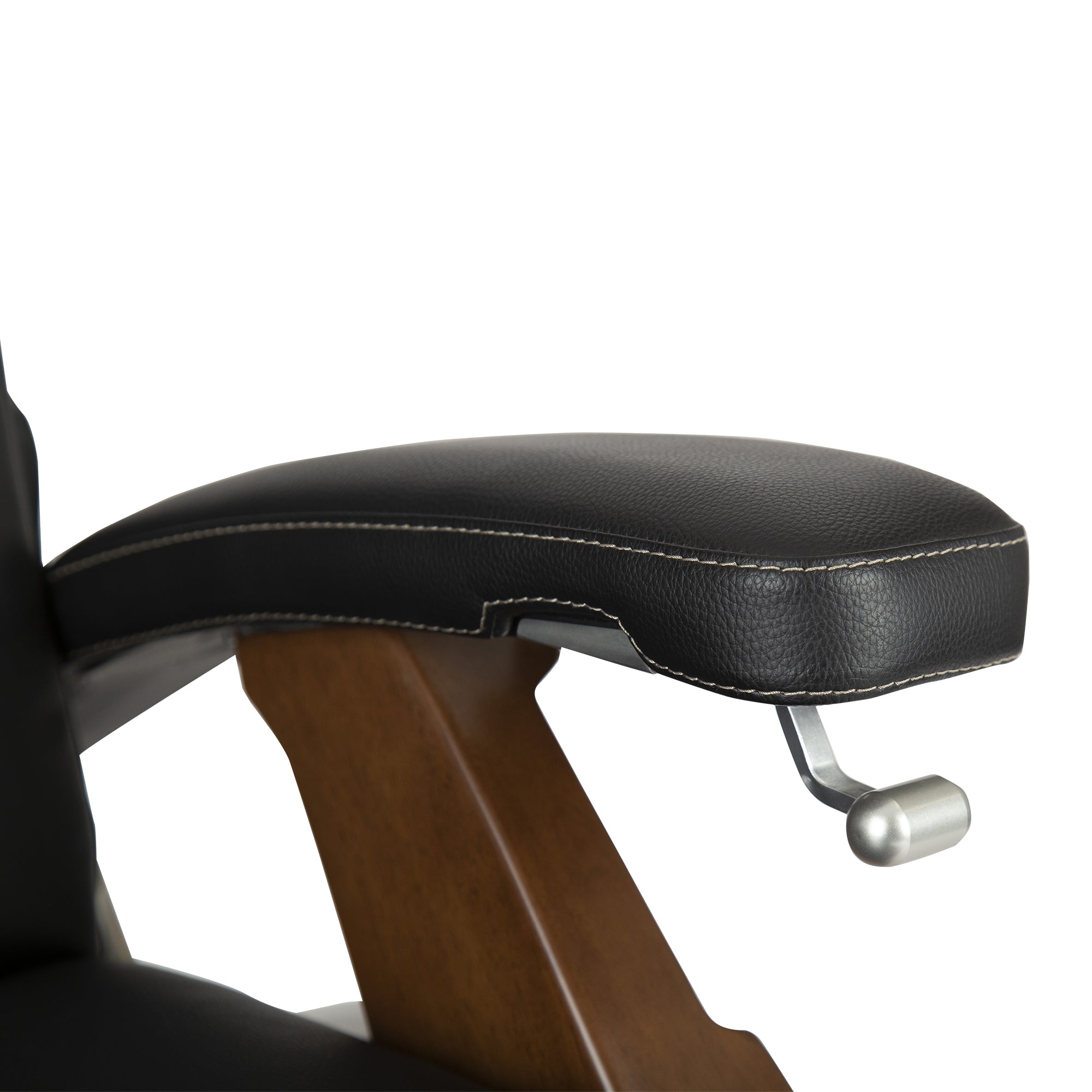 Perfect Chair PC-420 Classic Manual Plus armrest detail showing black leather cushioning and walnut wood base with silver adjustment lever