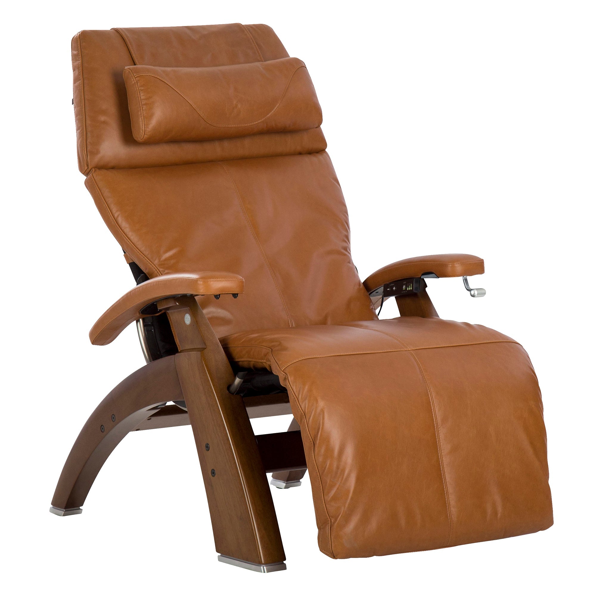 Perfect Chair PC-420 Classic Manual Plus recliner in cognac leather with wooden base and zero gravity positioning