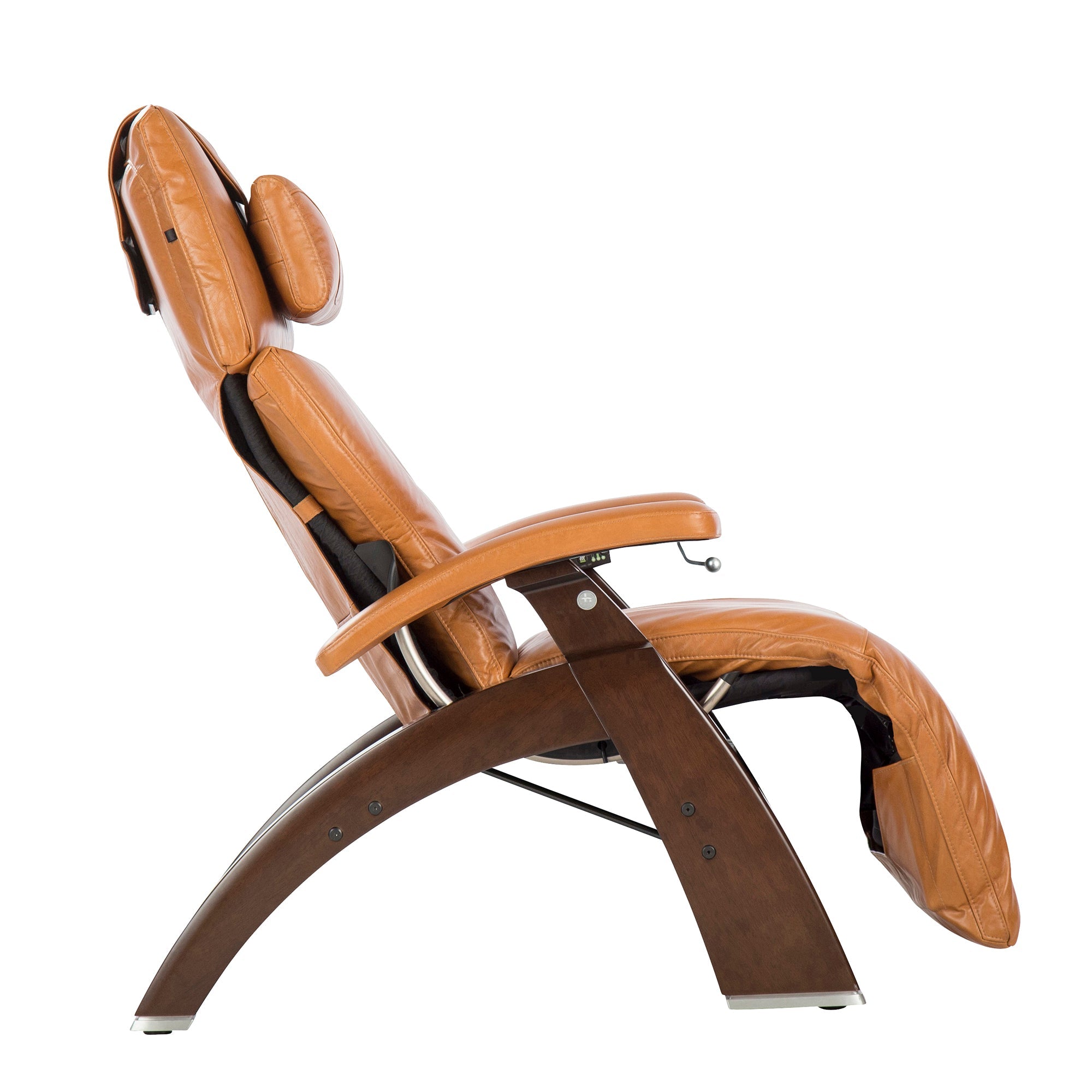 Perfect Chair PC-420 Classic Manual Plus recliner in tan leather with wooden base, shown in zero-gravity position