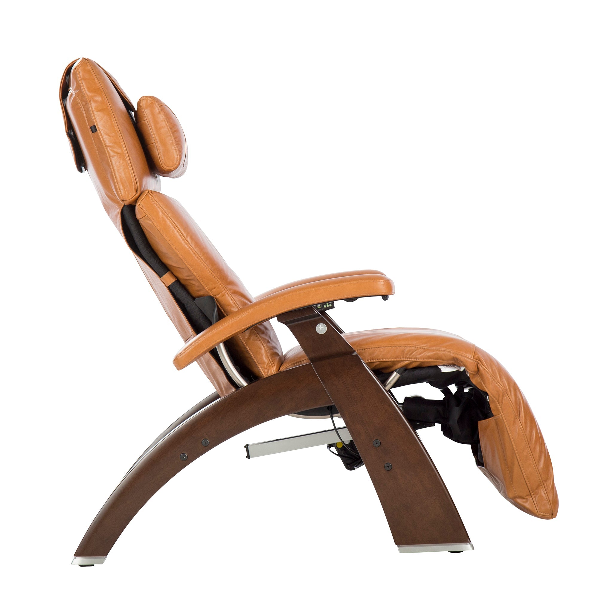 Perfect Chair PC-610 Omni-Motion Classic zero-gravity recliner in tan leather with wooden base, shown in reclined position