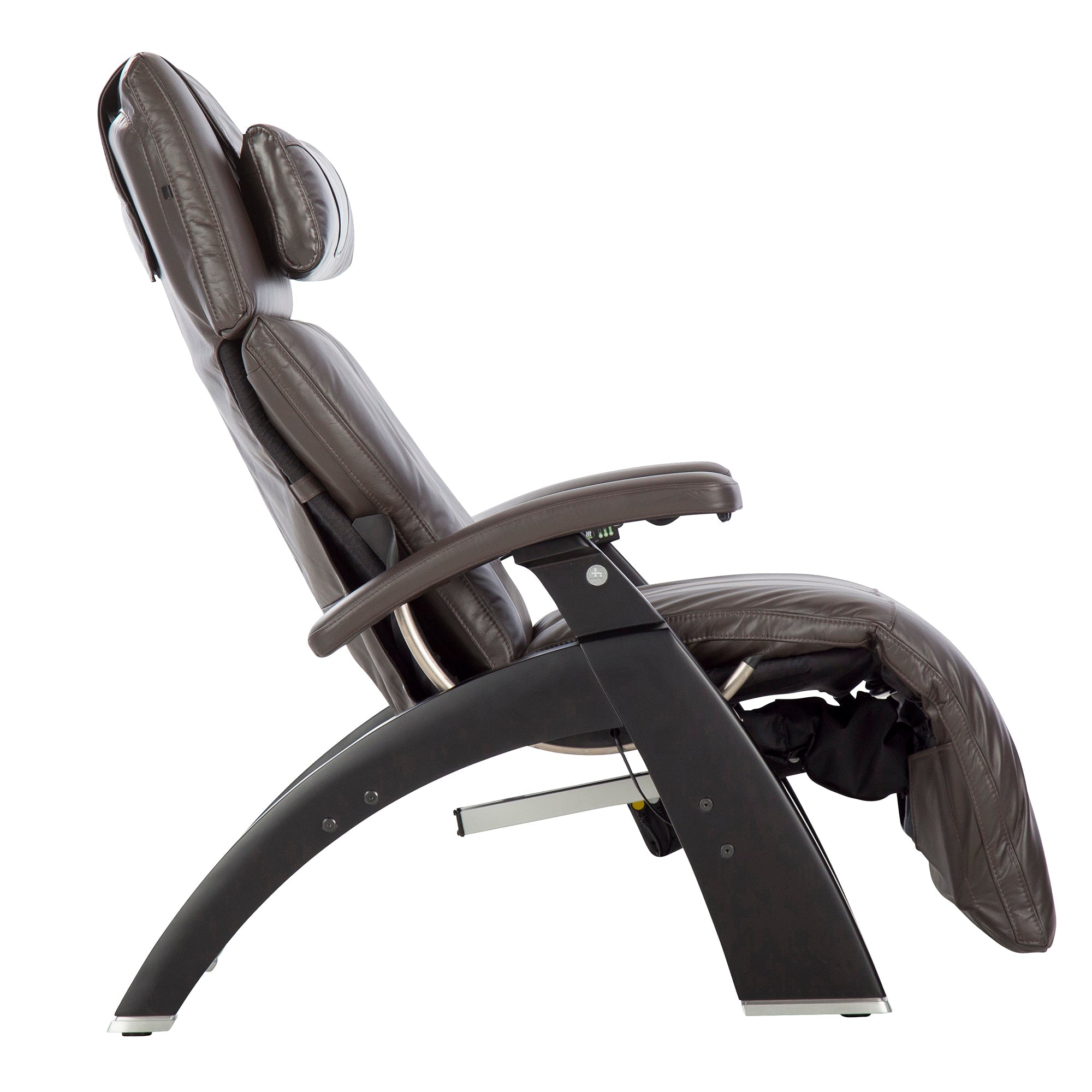 Perfect Chair PC-610 Omni-Motion Classic recliner in brown leather with curved base, shown in side view reclining position