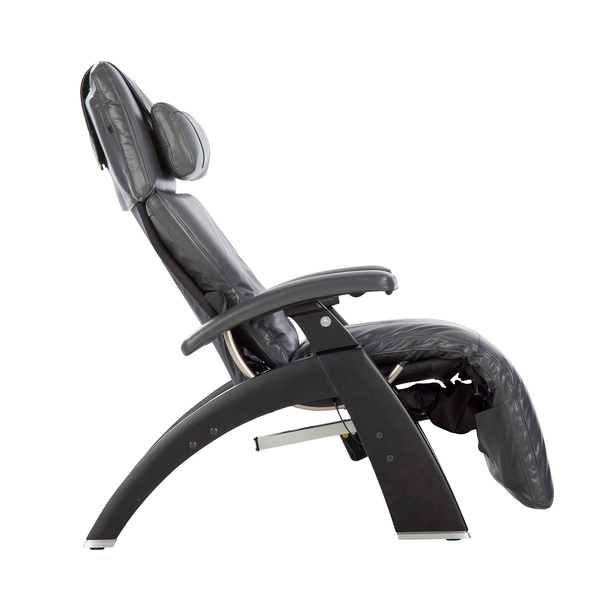 Perfect Chair PC-610 Omni-Motion Classic recliner in black leather with curved base, shown in side view reclined position