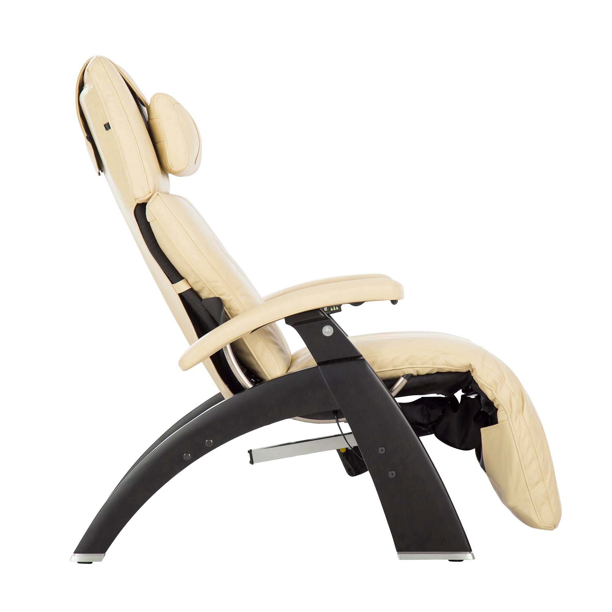 Perfect Chair PC-610 Omni-Motion Classic recliner in cream leather with black base, shown in side view reclined position