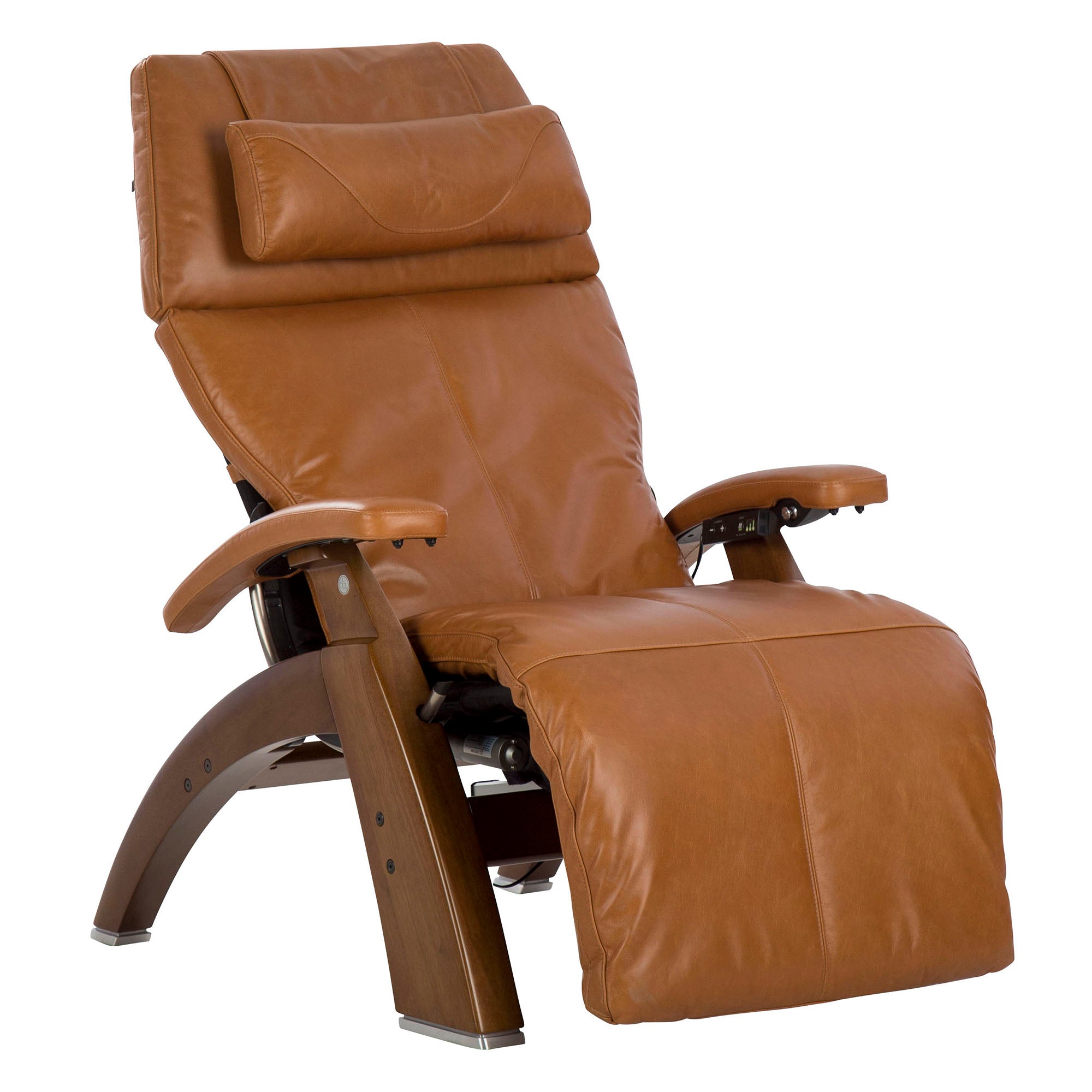 Perfect Chair PC-610 Omni-Motion Classic recliner in cognac leather with wooden base and zero gravity positioning