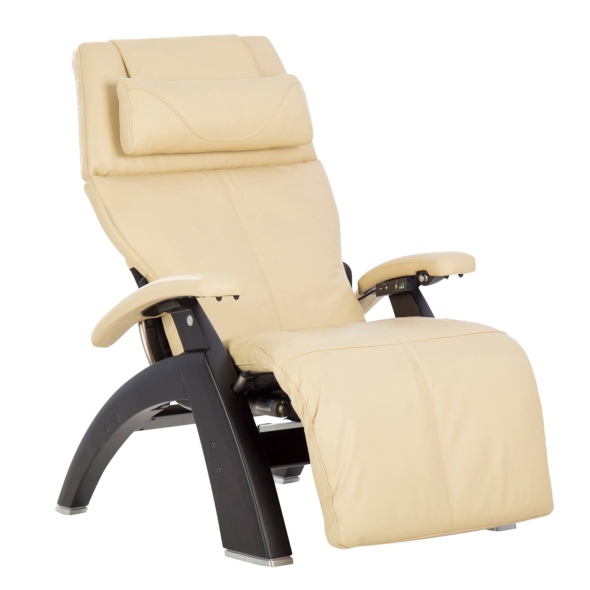 Perfect Chair PC-610 Omni-Motion Classic zero-gravity recliner in cream leather with black base showing full recline position