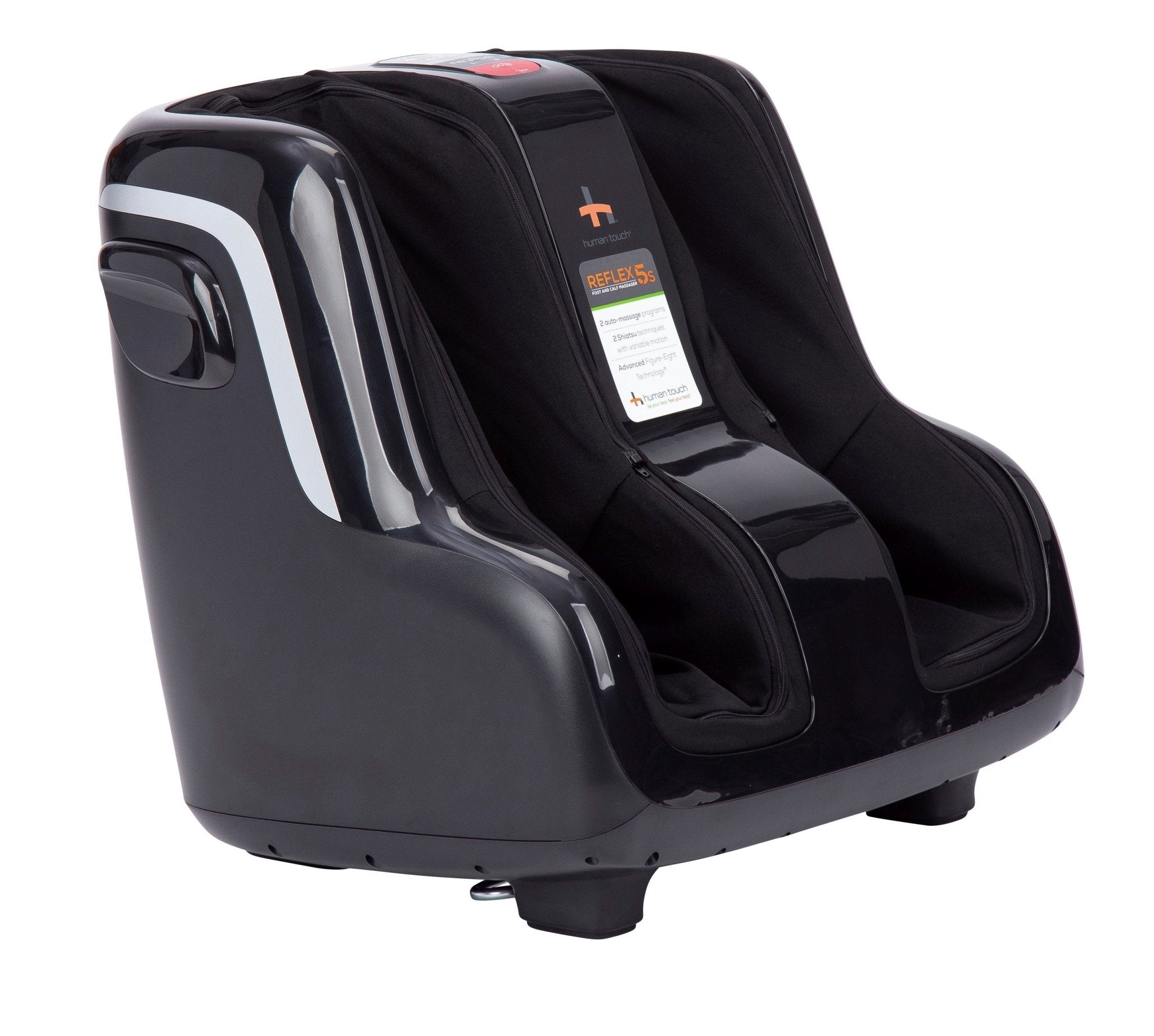 Reflex5s Foot and Calf Massager with black glossy finish and padded interior for therapeutic massage therapy