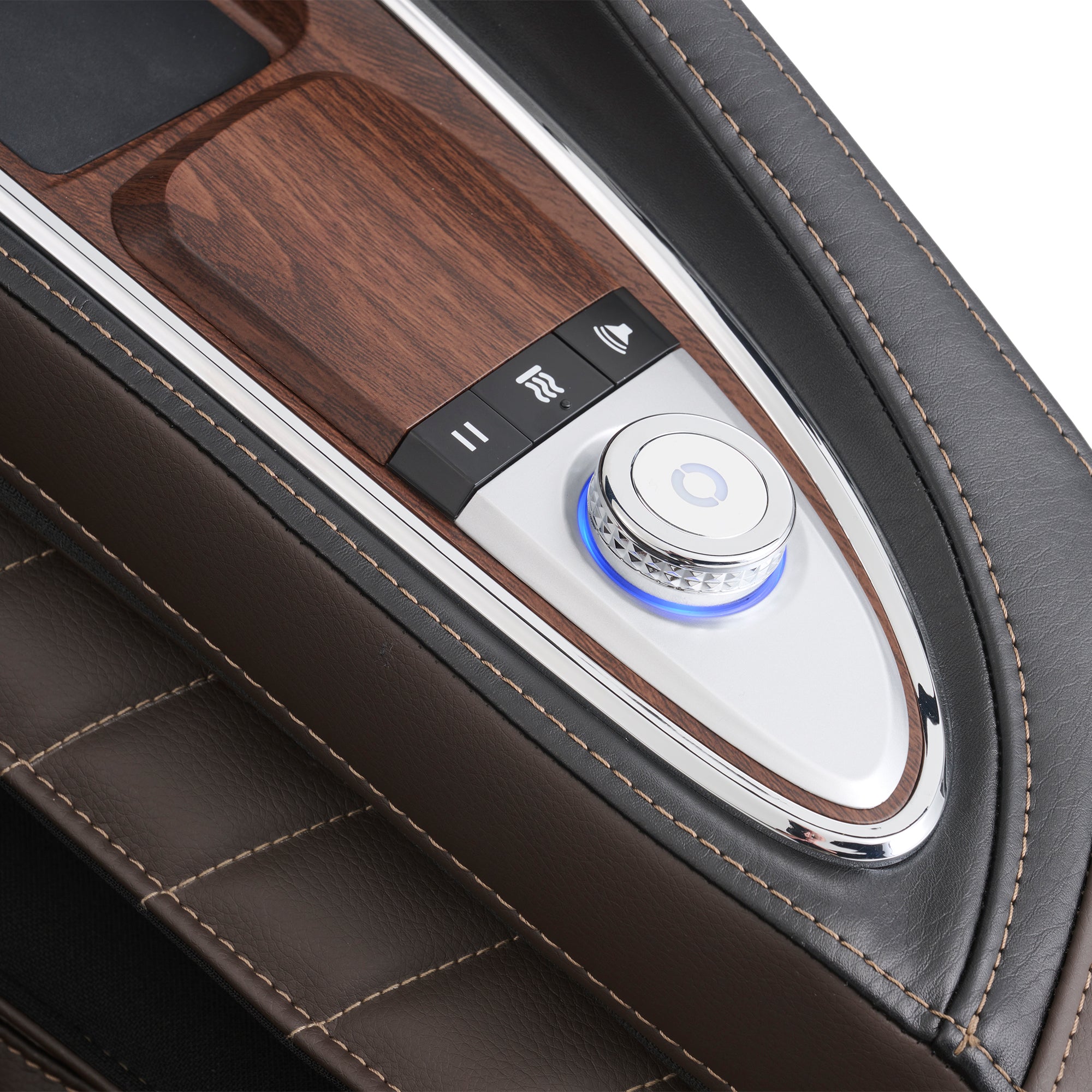 Super Novo 2.0 massage chair control panel with wooden trim and illuminated dial for customizable massage settings