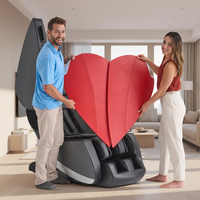 Two people holding a red heart-shaped object next to a massage chair on a white background