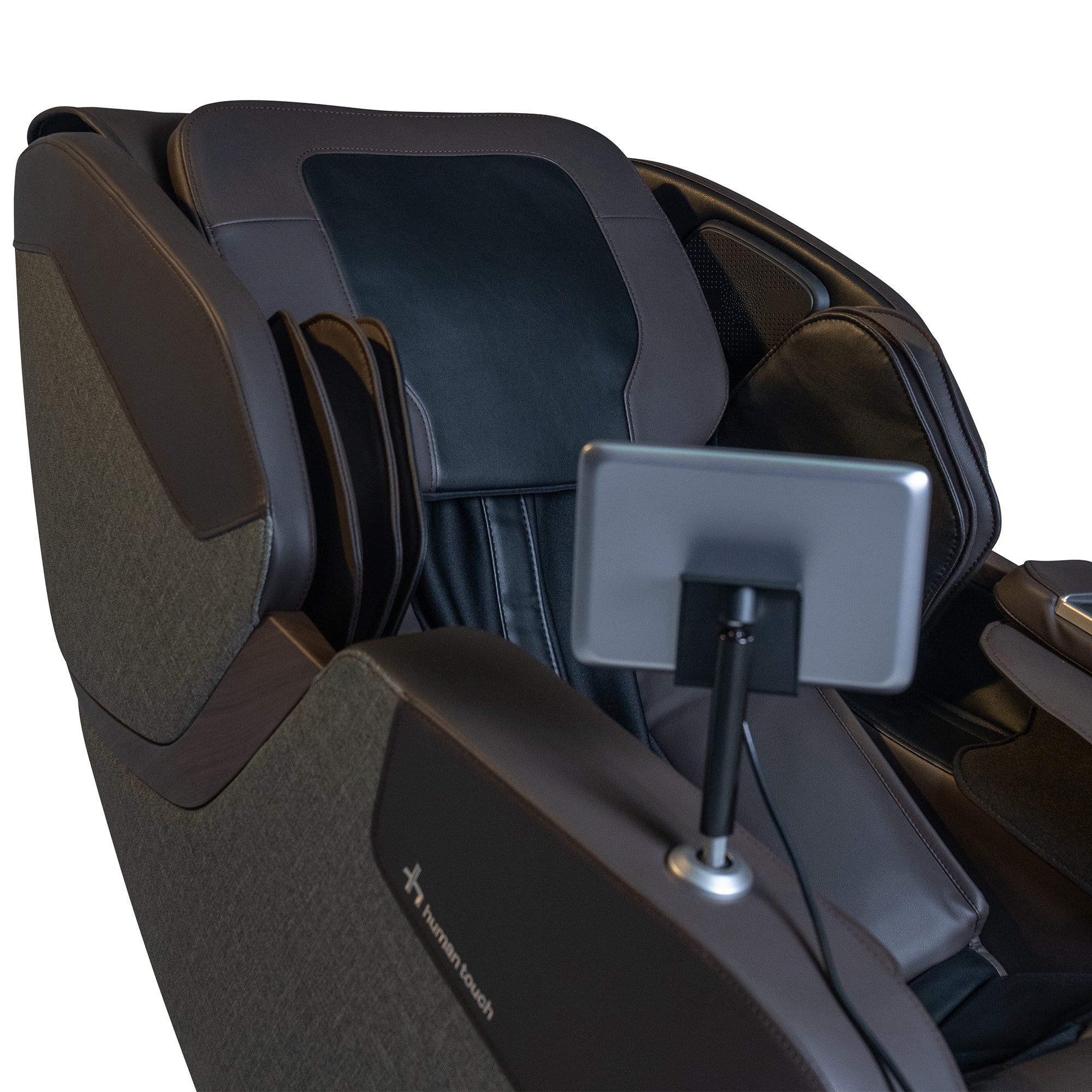 WholeBody ROVE massage chair in black leather with tablet holder and L-track massage system