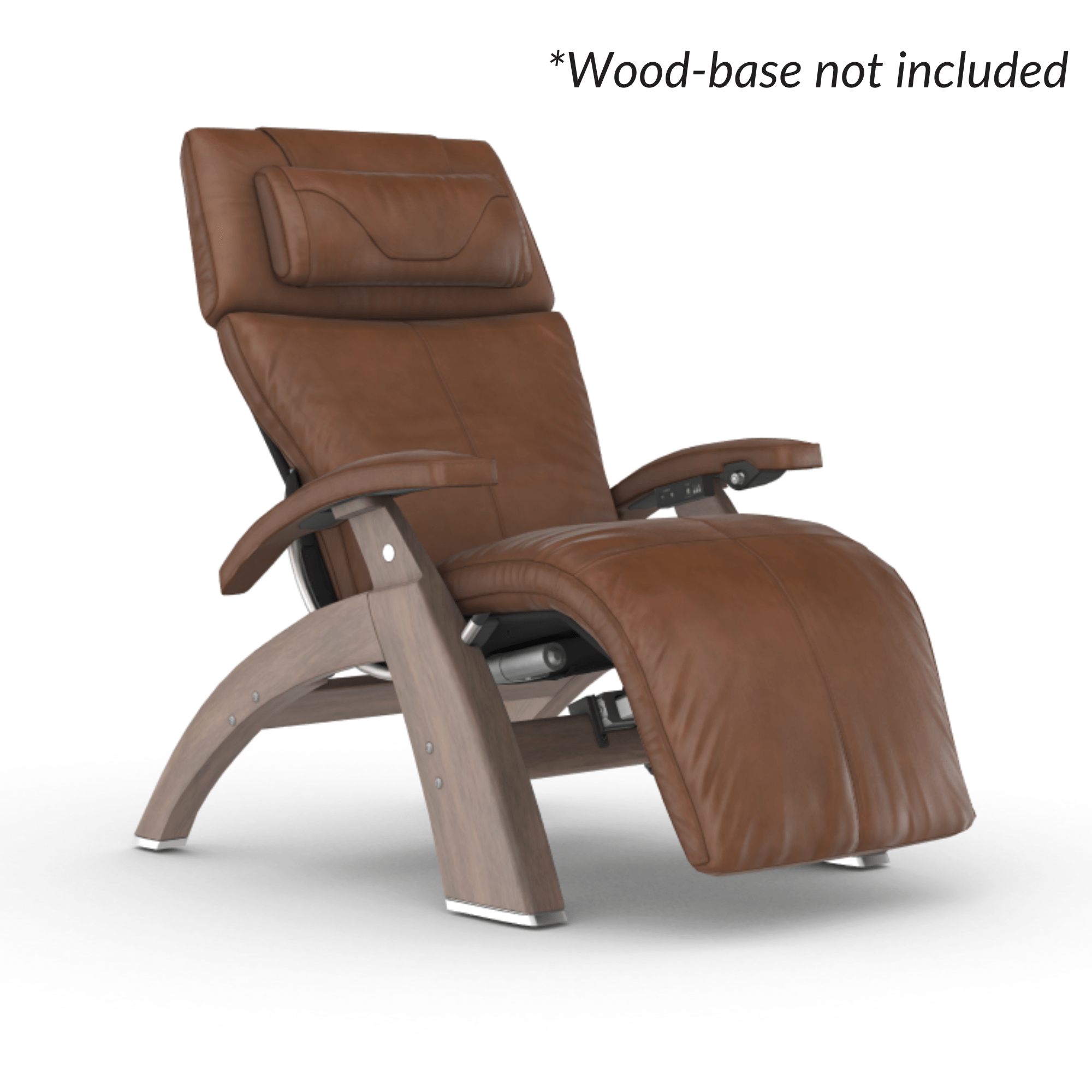 Brown leather recliner chair with wooden base on a white background