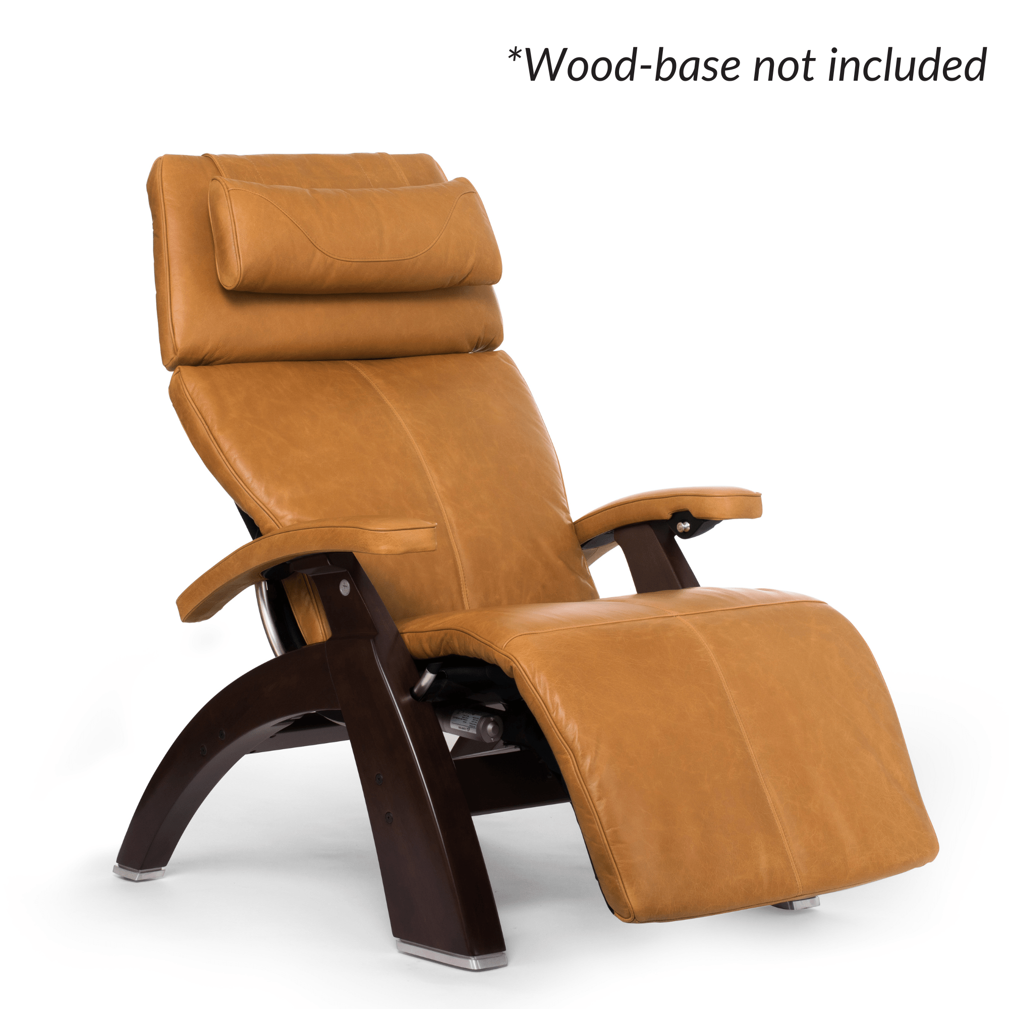 Brown leather recliner chair with wooden base on a white background