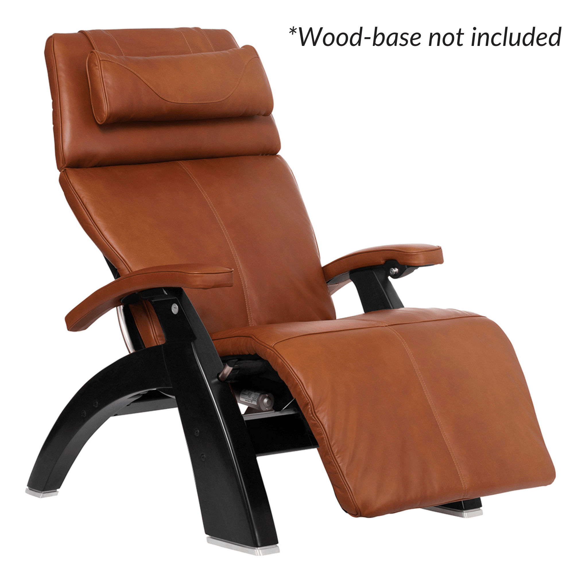 Brown leather recliner chair with black base on a white background