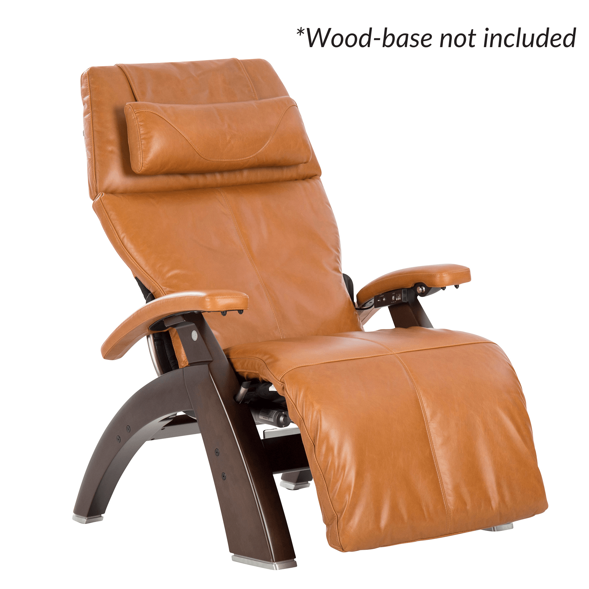 Brown leather recliner chair on a white background with text indicating wood-base is not included.