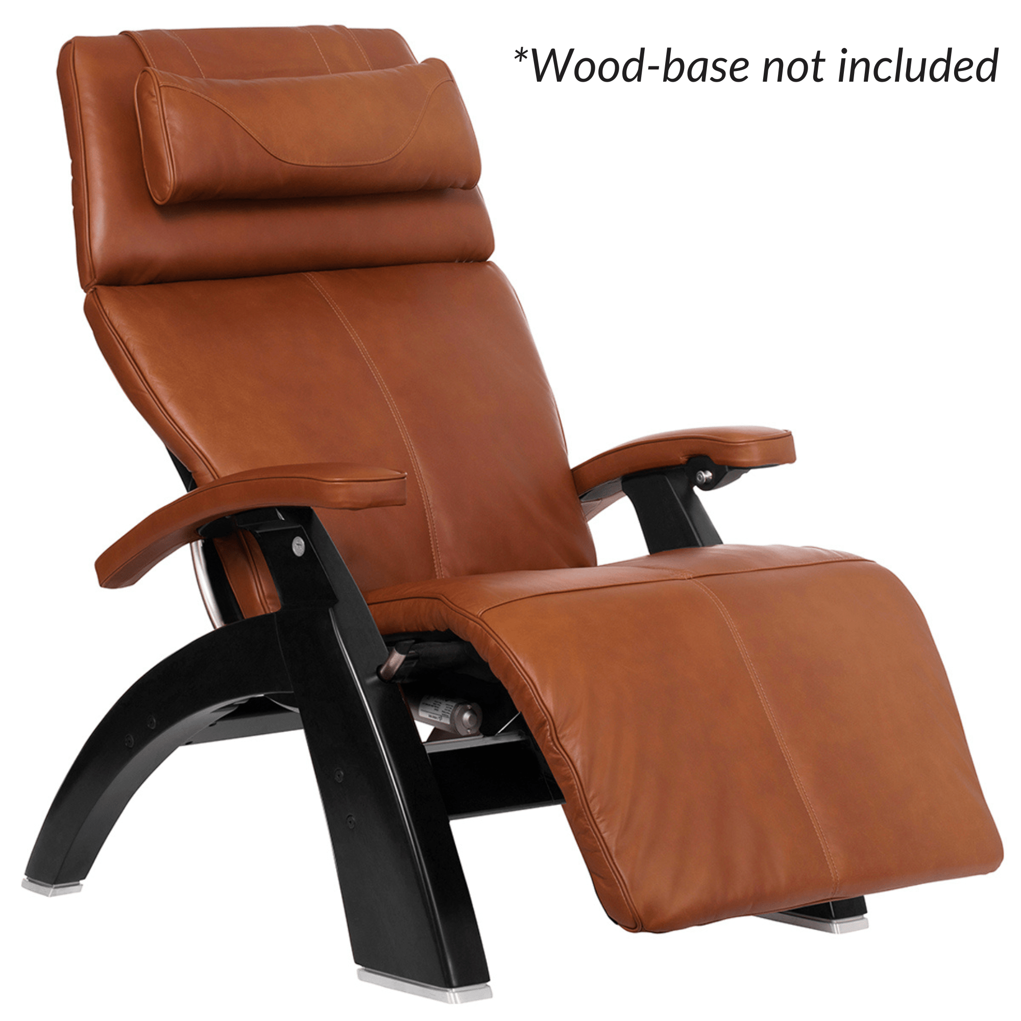 Brown leather recliner chair with black base on a white background