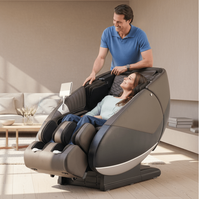 Super Novo 3.0 massage chair with a man and woman using it.
