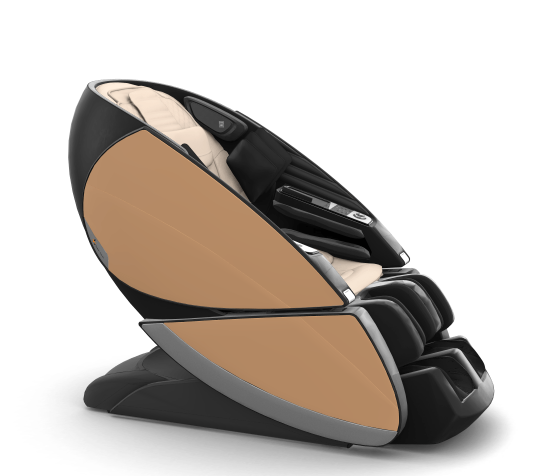 Super Novo X Massage Chair in black and tan modern design with teardrop shape doors shown from side angle