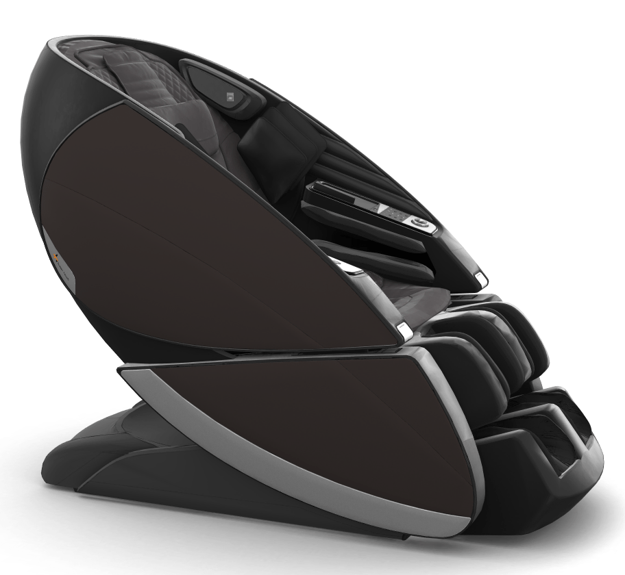 Super Novo X Massage Chair in dark brown with sleek teardrop design and upward-pivoting doors shown from side angle