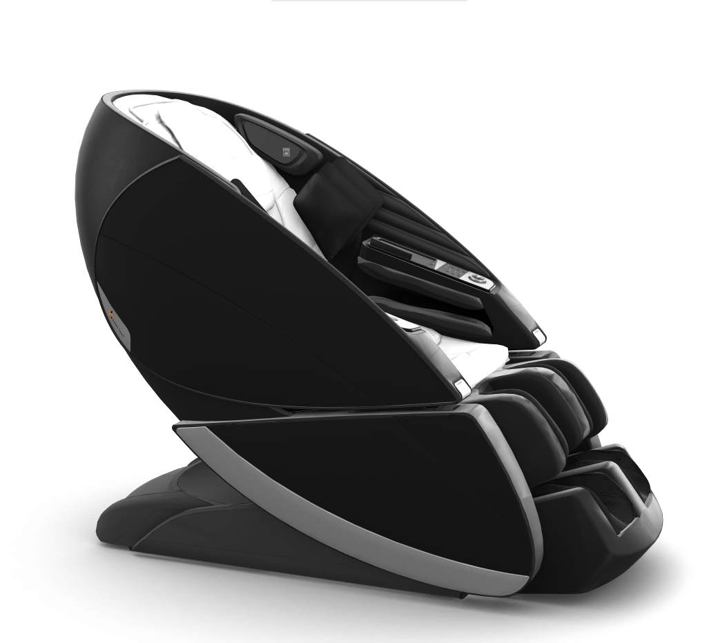 Super Novo X Massage Chair in sleek black design with teardrop doors and premium upholstery, shown from side angle