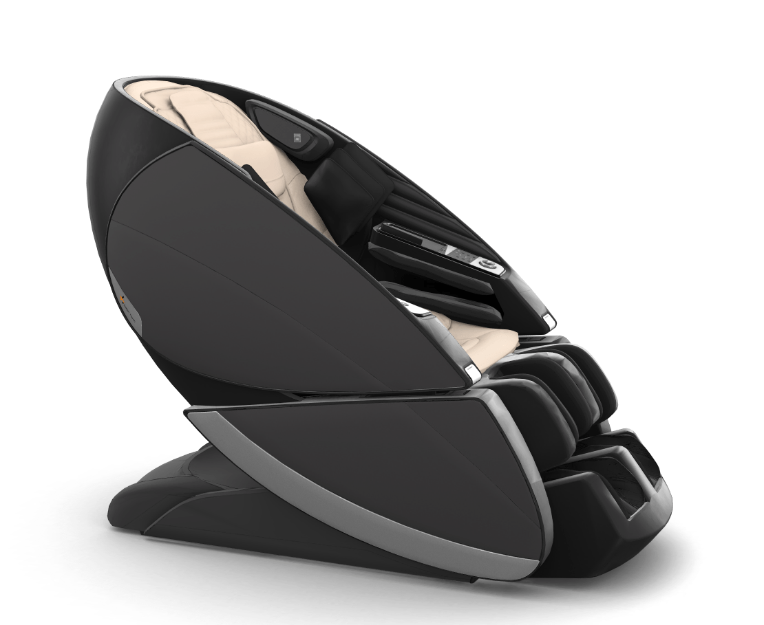 Super Novo X Massage Chair in black with cream interior, featuring sleek teardrop design and upward-pivoting doors