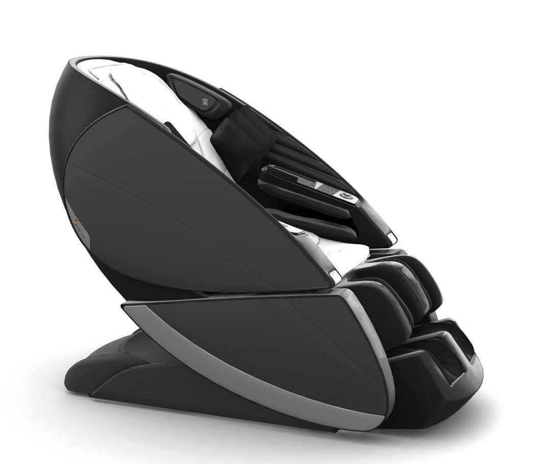 Super Novo X Massage Chair in black with sleek teardrop design, silver accents and upward-pivoting doors, shown from side angle