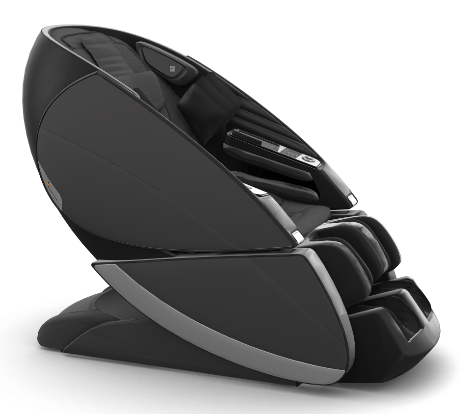 Super Novo X Massage Chair in sleek black design with curved teardrop shape and silver accents, shown from side angle