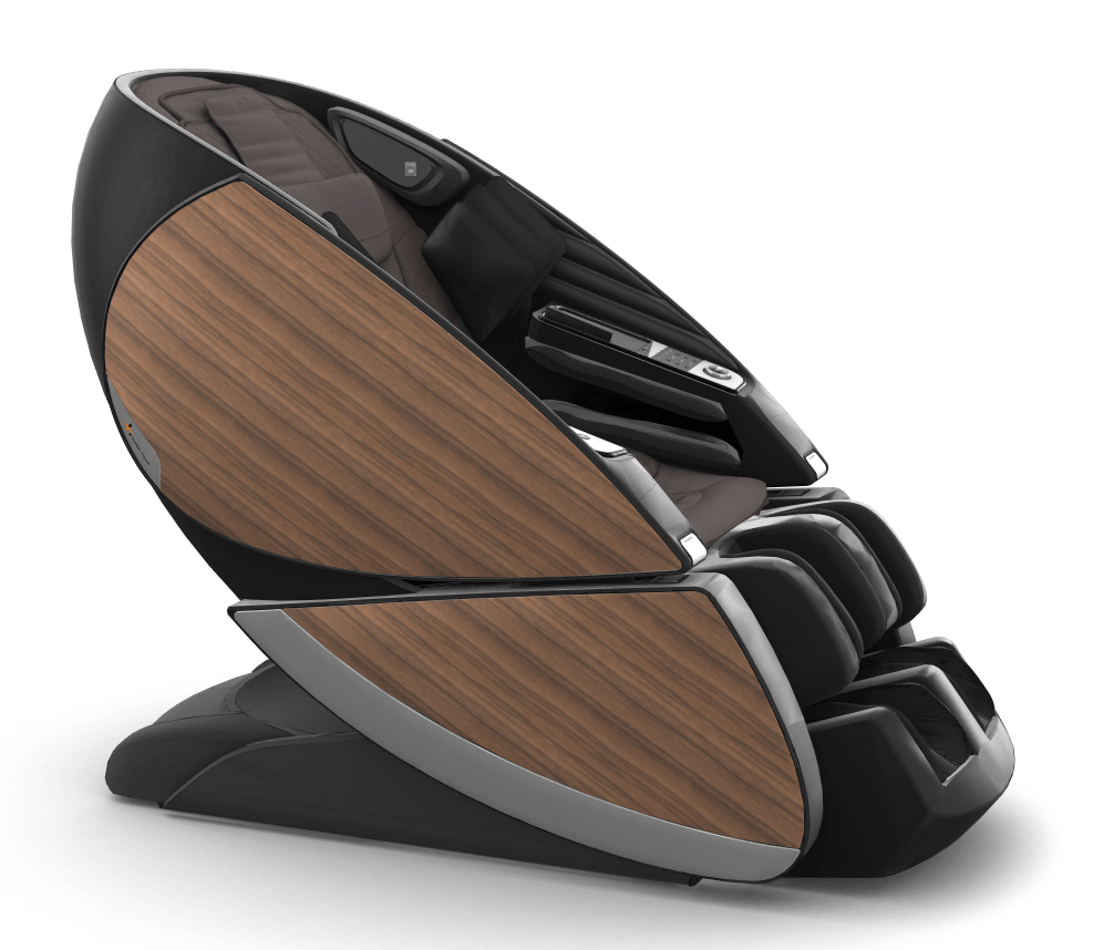 Super Novo X Massage Chair with sleek black design and wooden side panels featuring upward-pivoting teardrop doors