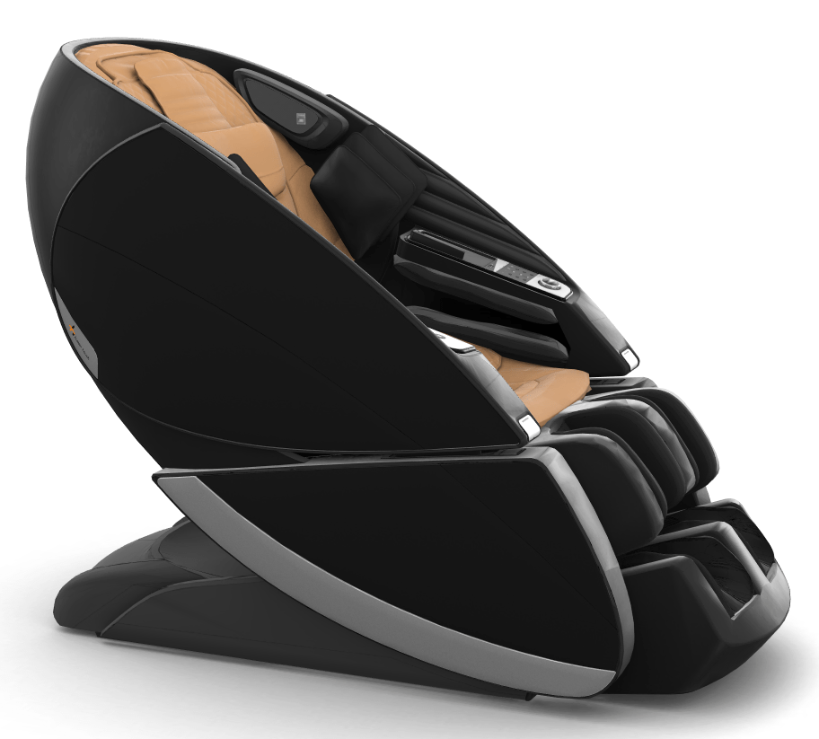 Super Novo X Massage Chair in black with tan interior, featuring sleek teardrop design and advanced massage functionality