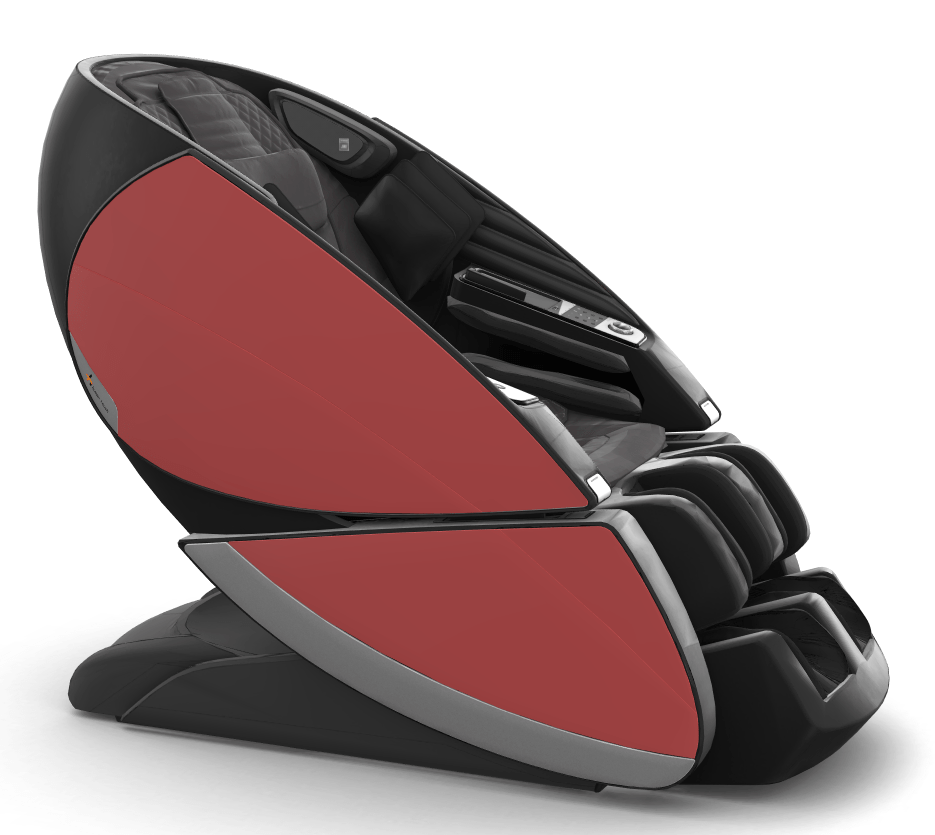 Super Novo X Massage Chair in black and red with modern teardrop design, featuring upward-pivoting side panels and luxurious padding