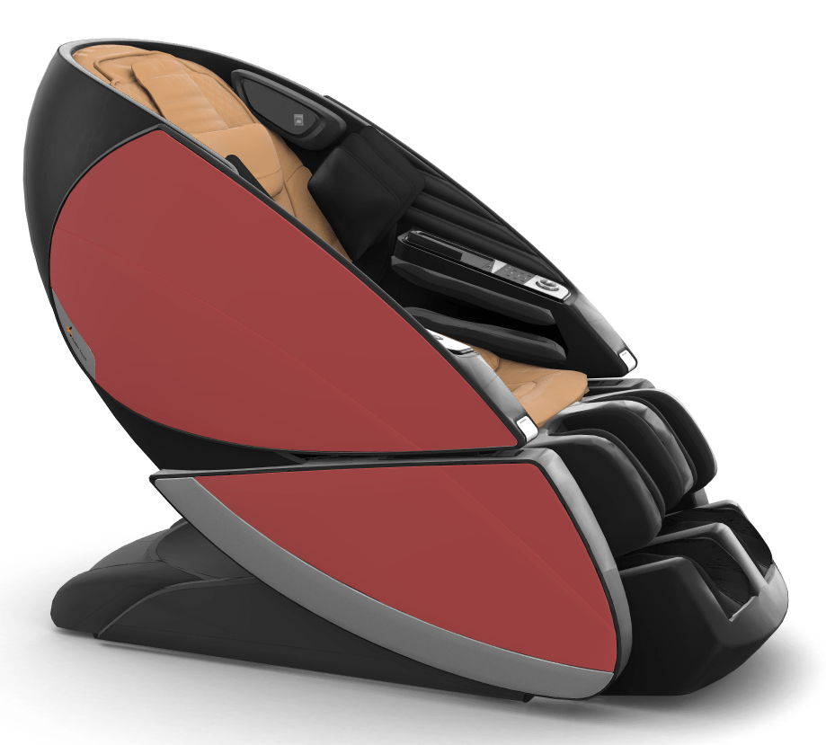 Super Novo X Massage Chair in black and red with teardrop design, featuring upward-pivoting doors and premium leather upholstery
