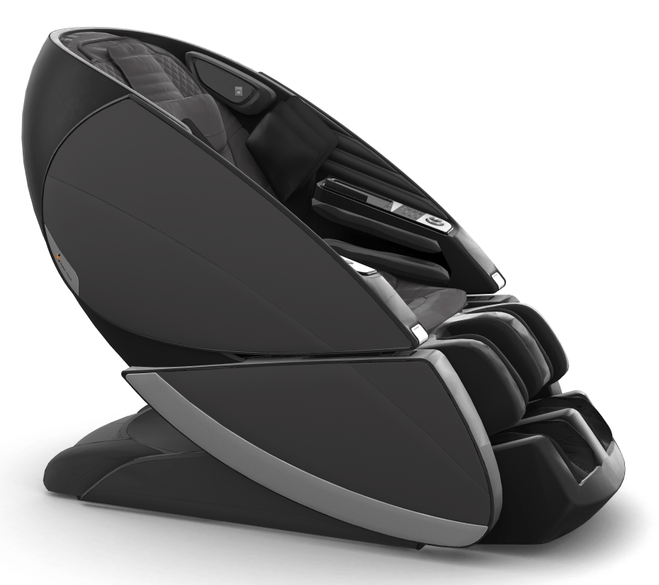 Super Novo X Massage Chair in black with sleek modern design and teardrop doors for full-body therapeutic massage
