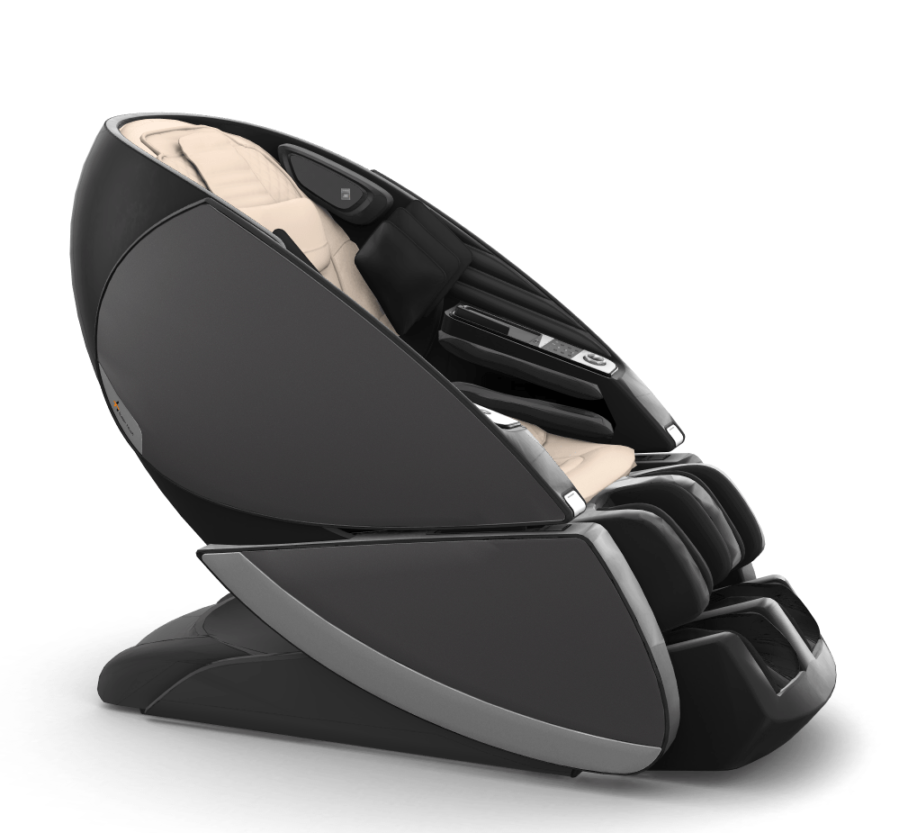 Super Novo X massage chair in black with cream interior, featuring sleek curved design and teardrop-shaped doors